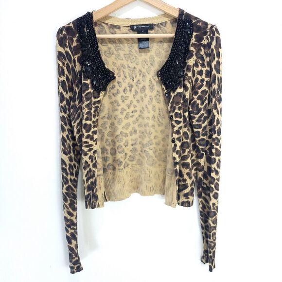 INC International Concepts Angora Blend Leopard Print Cardy with Beaded Collar - Picture 7 of 9